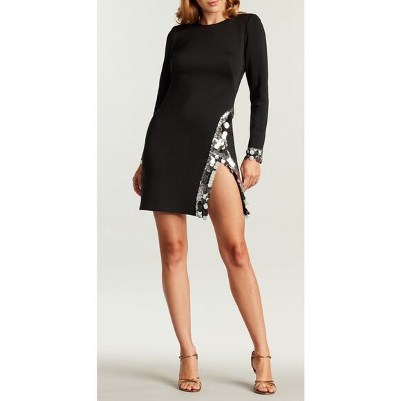 SHO Tadashi Shoji LOREN NEOPRENE MINI DRESS Black silver sequence slit S NWOT - Picture 5 of 15